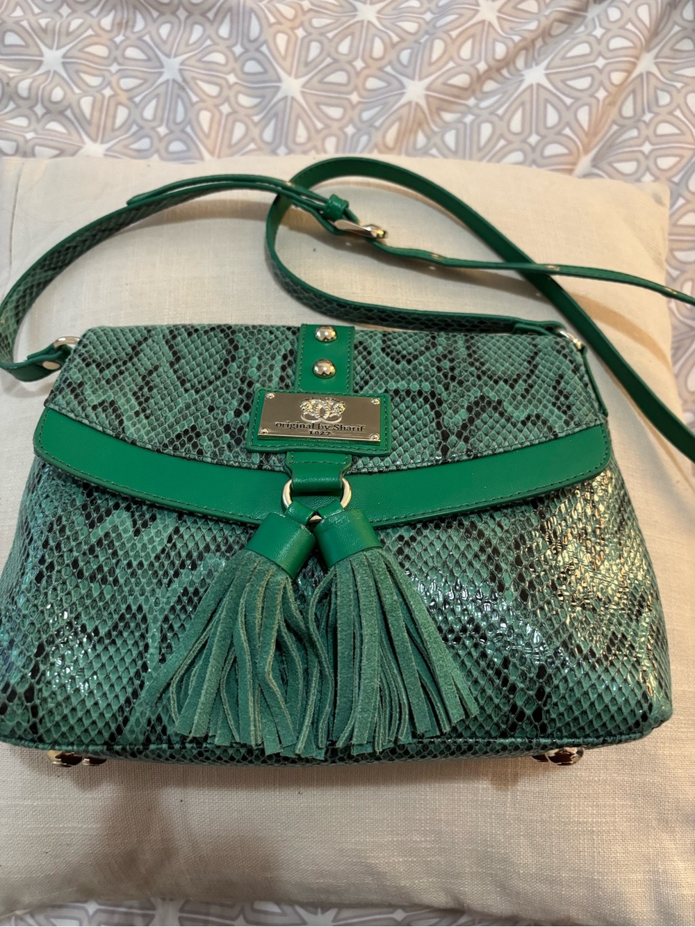 original by Sharif we Green Snake-Print Crossbody Bag with Tassels
